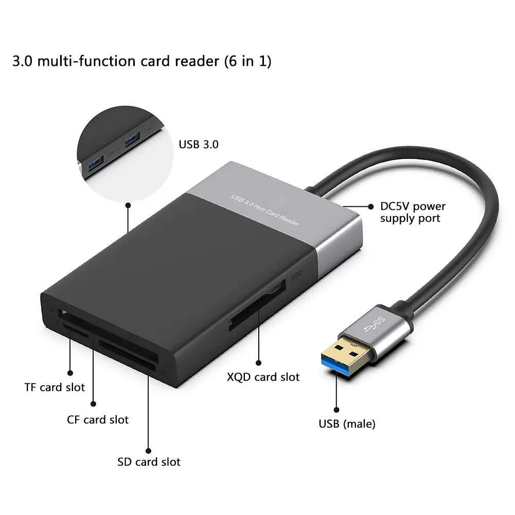 Onten 6 In 1 Multi Memory Card Reader USB 3.0 2 Port HUB Adapter for XQD CF Compact Flash TF Micro SD Card and U Flash Disk Drive Read Onten 6 In 1 Multi Memory Card Reader USB 3.0 2 Port HUB Adapter for XQD CF Compact Flash TF Micro SD Card and U Flash Disk Drive Read